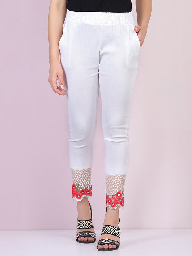 White Cotton Stretch Legging with Lace Detail-2652