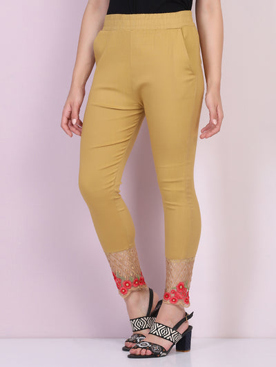 Beige Cotton Stretch Legging with Lace Detail-2653