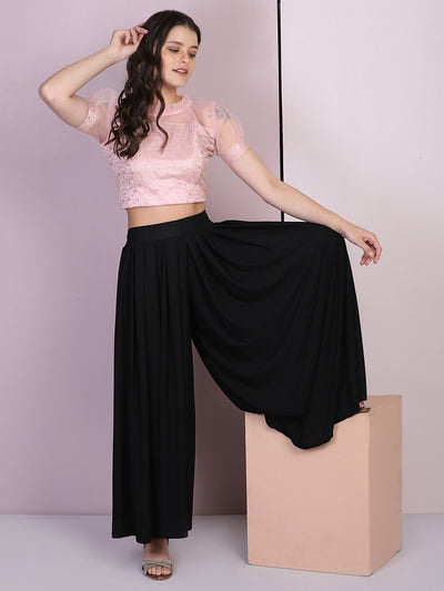 Black Lycra Solid Pleated Flared Elephant Palazzo Pant-2678