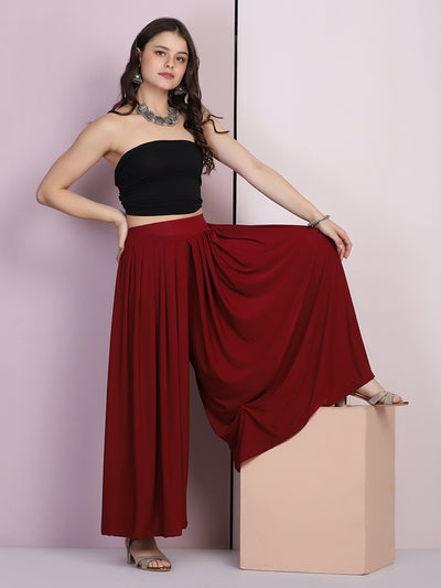 Maroon Lycra Solid Pleated Flared Elephant Palazzo Pant-2681