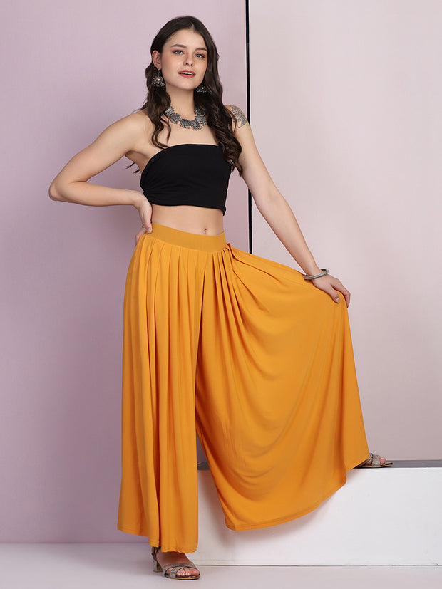 Yellow Lycra Solid Pleated Flared Elephant Palazzo Pant-2682