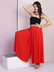 Red Lycra Solid Pleated Flared Elephant Palazzo Pant-2683