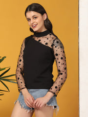 Black Carrera Polka Dot Long Sleeve Net Top-2712