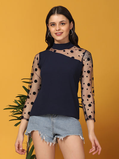 Navy Carrera Polka Dot Long Sleeve Net Top-2713