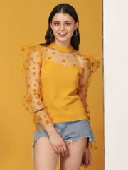 Yellow Carrera Polka Dot Puff Sleeve Net Top-2717