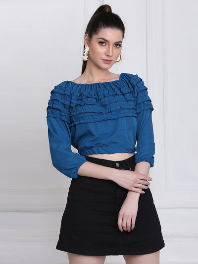 Blue Stretchable Crepe Frill Crop Top-2766