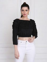 Black Stretchable Crepe Frill Crop Top-2767