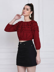 Maroon Stretchable Crepe Frill Crop Top-2768