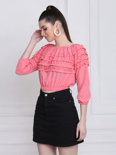 Pink Stretchable Crepe Frill Crop Top-2769