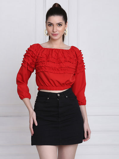 Red Stretchable Crepe Frill Crop Top-2770