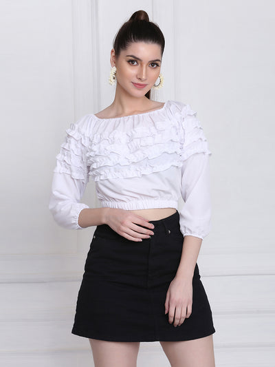 White Stretchable Crepe Frill Crop Top-2771