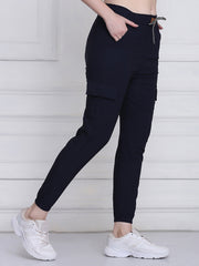 Navy Twill Lycra Women Cargo Pant-2782