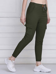 Dark Green Twill Lycra Women Cargo Pant-2784