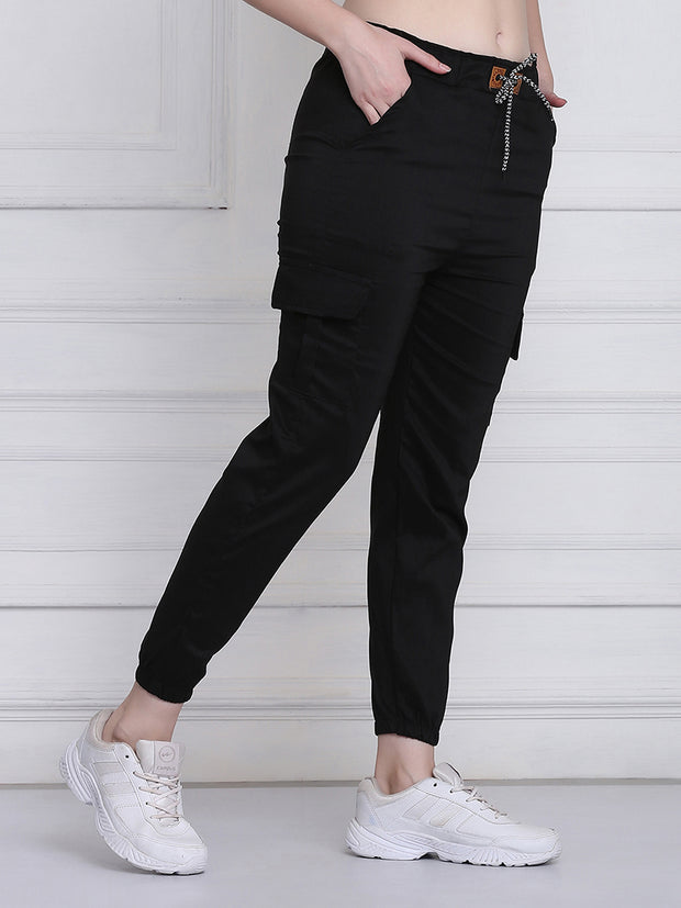 Black Twill Lycra Women Cargo Pant-2785