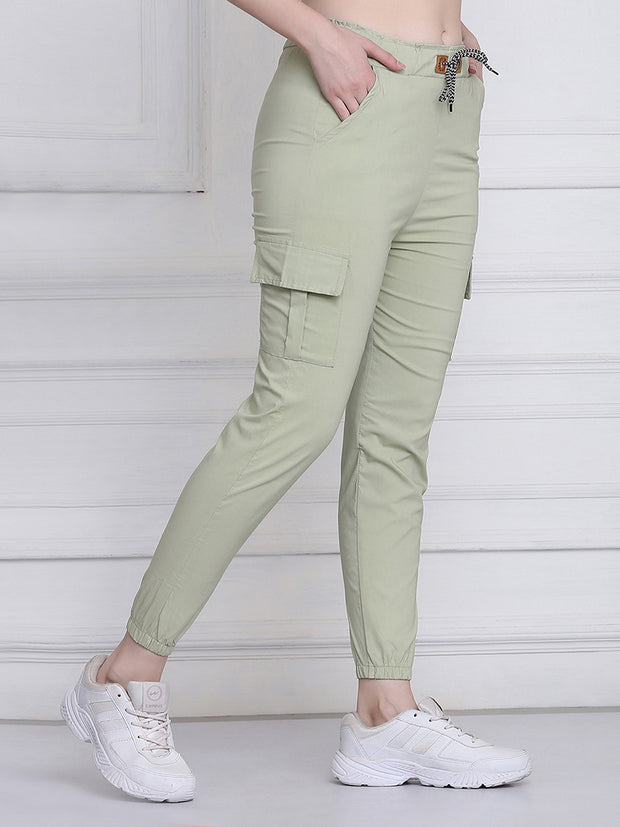 Light Green Twill Lycra Women Cargo Pant-2786