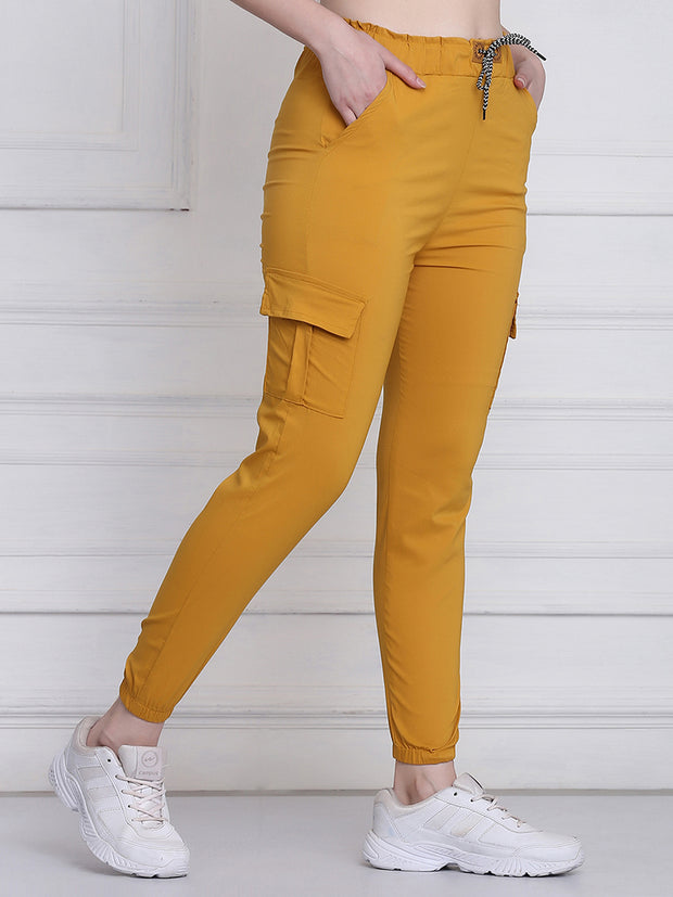 Yellow Twill Lycra Women Cargo Pant-2787