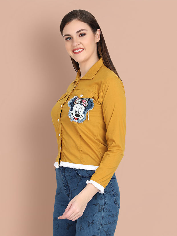 Yellow Twil Denim Mickey Mouse Print Crop Shirt-2461