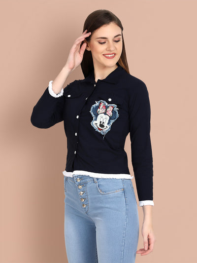 Navy Twil Denim Mickey Mouse Print Crop Shirt-2462