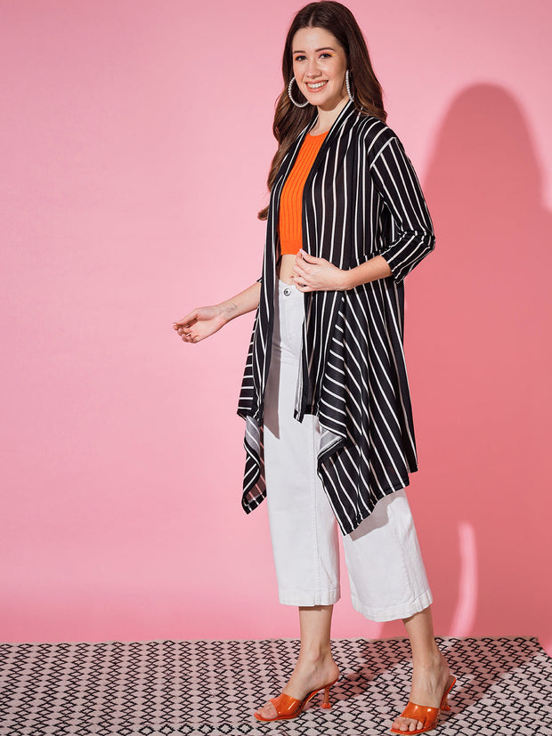 Striped Lycra Women Longline Shrug-3250