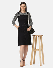 Twill Belted Buttoned Dungaree Dress with Striped Top-2885-2886