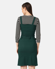 Twill Belted Buttoned Dungaree Dress with Striped Top-2884-2886