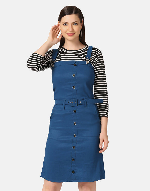 Twill Belted Buttoned Dungaree Dress with Striped Top-2886-2886