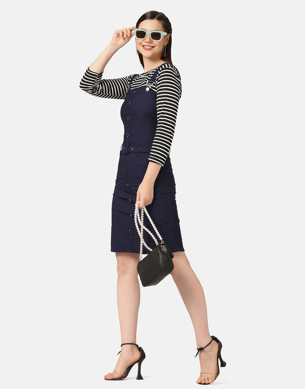 Twill Belted Buttoned Dungaree Dress with Striped Top-2883-2886