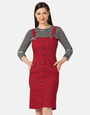 Twill Belted Buttoned Dungaree Dress with Striped Top-2881-2886