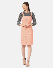 Twill Belted Buttoned Dungaree Dress with Striped Top-2882-2886