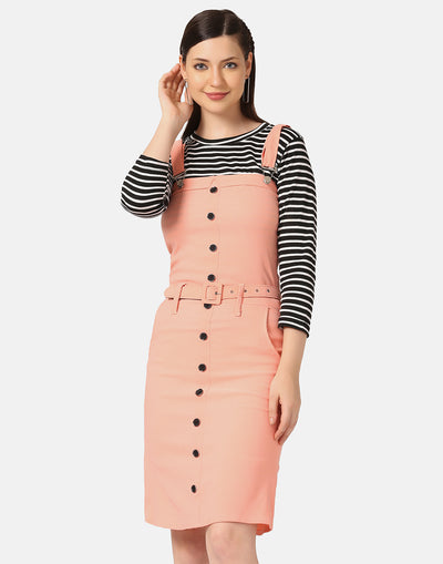 Twill Belted Buttoned Dungaree Dress with Striped Top-2881-2886