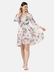 Georgette Floral Print V-Neck Short Women Dress-2932-2932