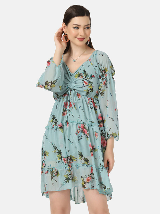 Georgette Floral Print V-Neck Short Women Dress-2929-2932