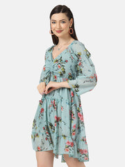 Georgette Floral Print V-Neck Short Women Dress-2929-2932