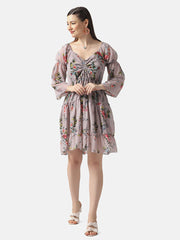 Georgette Floral Print V-Neck Short Women Dress-2931-2932