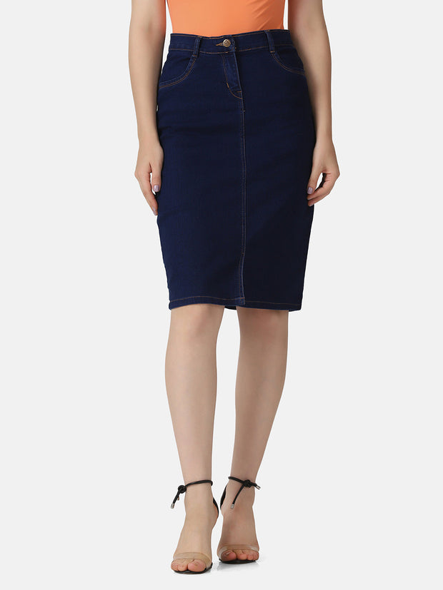 Solid Knee Length Women Denim Skirt-2940-2941