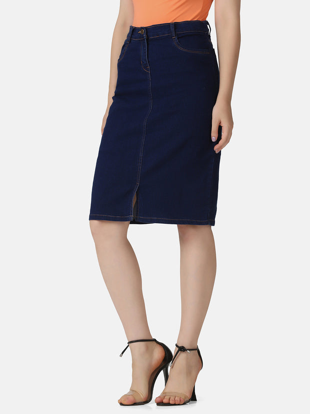Solid Knee Length Women Denim Skirt-2939-2941