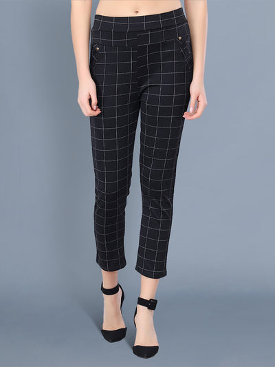 Black Cotton Lycra Checkered Women Pant