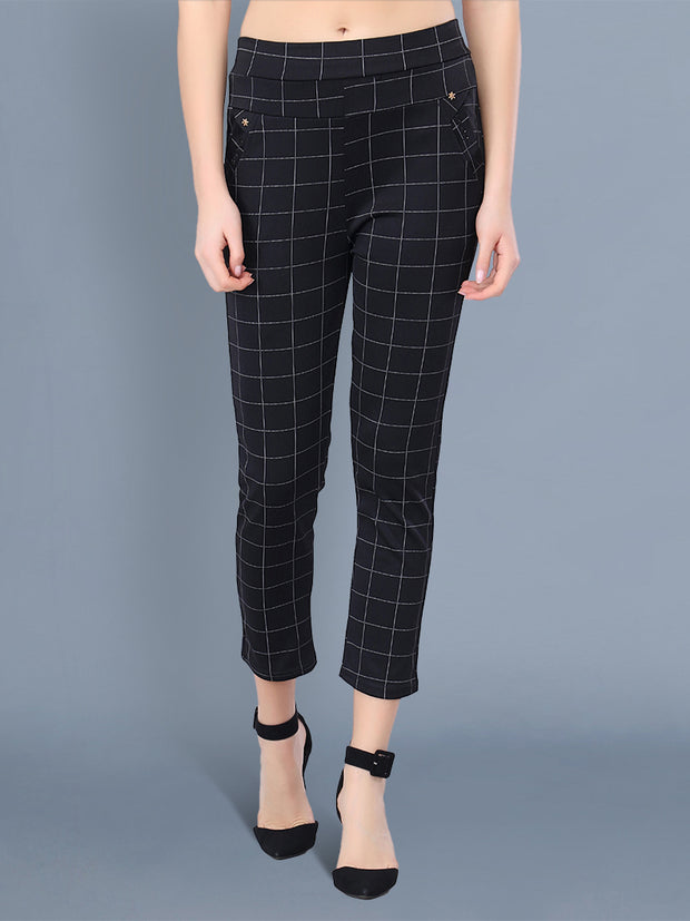Black Cotton Lycra Checkered Women Pant