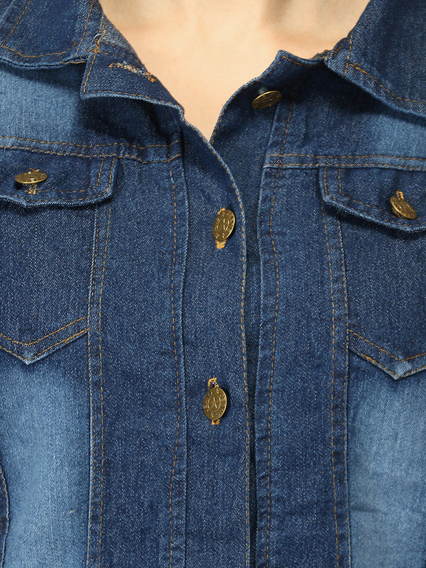 Solid Dark Blue Denim Buttoned Jacket For Women-2436E