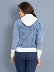 Light Blue Printed Denim Shirt Jacket With Hoodie-2438