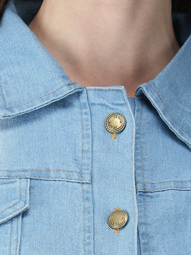Light Blue Puff Sleeve Buttoned Denim Jacket-2550