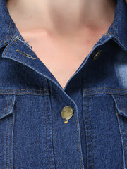 Dark Blue Puff Sleeve Buttoned Denim Women's Jacket-2551