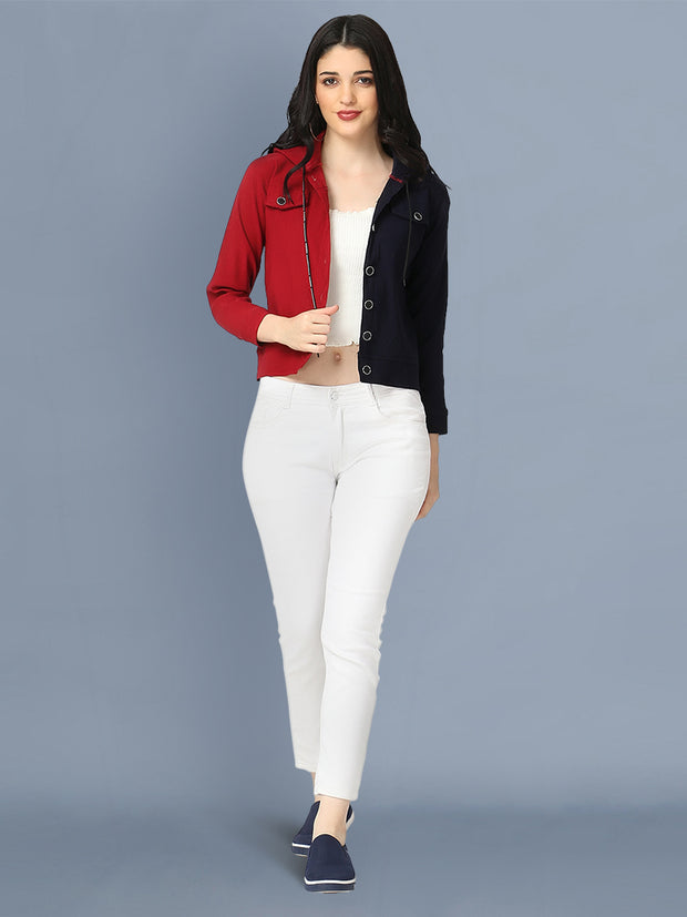 Cotton Lycra Maroon And Navy Buttoned Jacket With Hoodie-2494