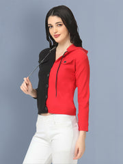 Cotton Lycra Black Red Buttoned Hoodie Jacket-2495