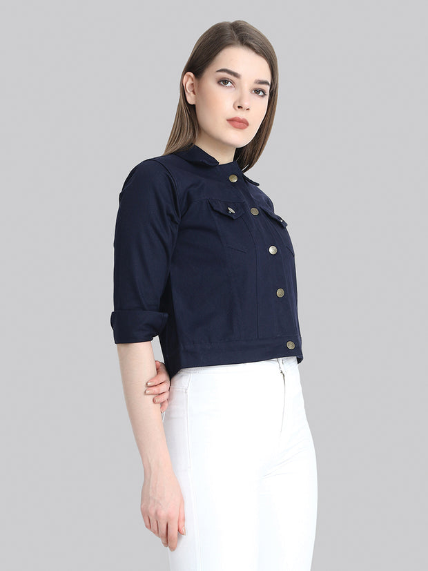 Navy Solid Buttoned Twil Jacket-2270