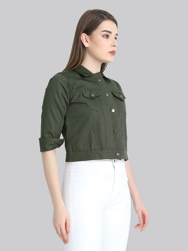Dark Green Solid Buttoned Twil Jacket-2273