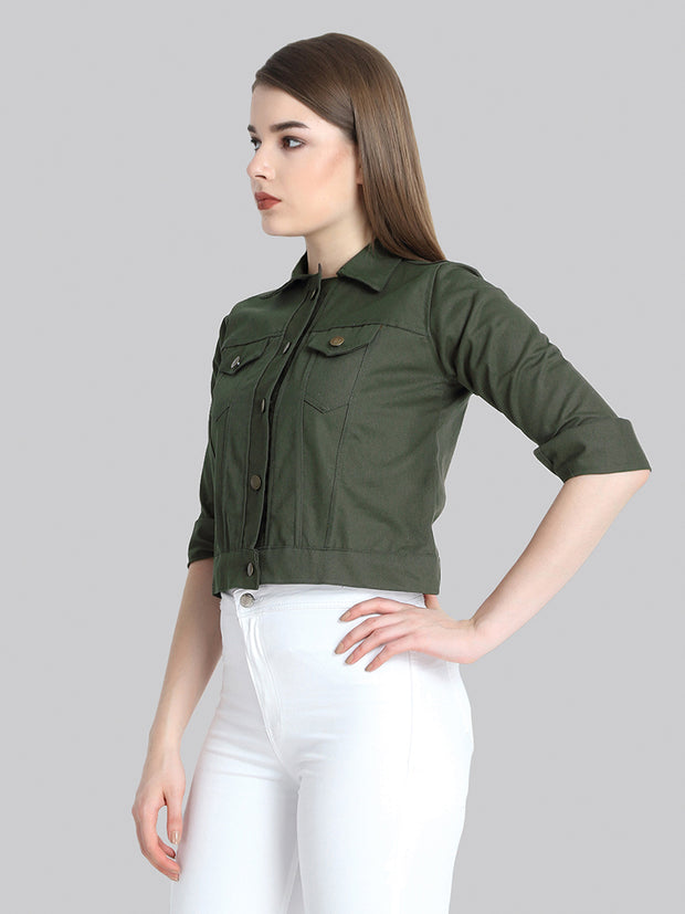 Dark Green Solid Buttoned Twil Jacket-2273