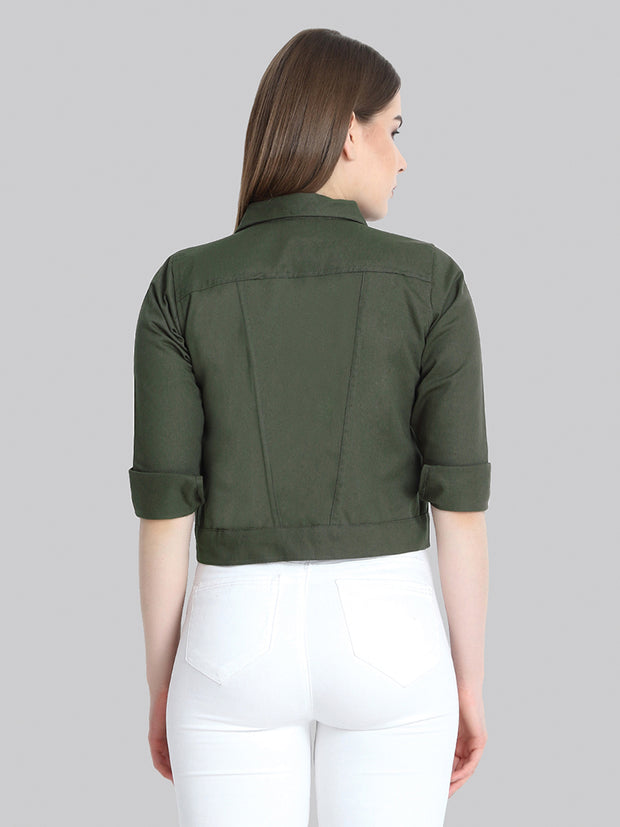 Dark Green Solid Buttoned Twil Jacket-2273