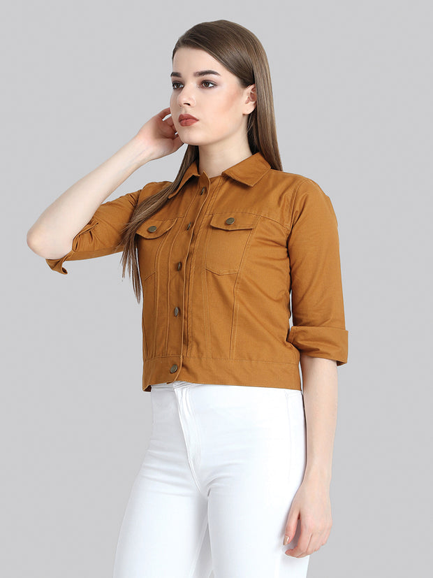 Brown Solid Buttoned Twil Jacket-2274