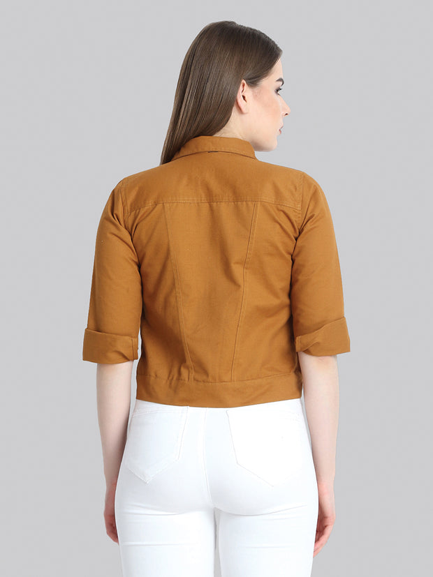 Brown Solid Buttoned Twil Jacket-2274